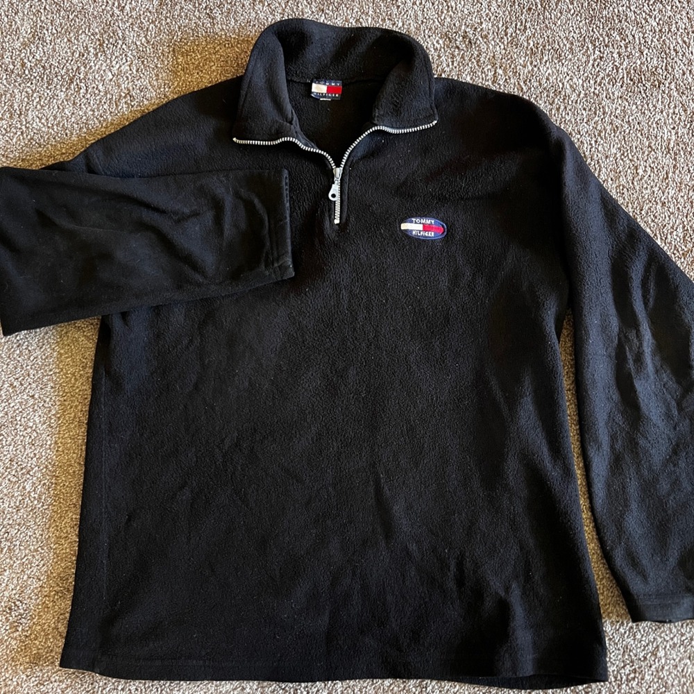 Vintage Tommy Hilfiger Black Fleece Pullover 1/4 Zip Long Sleeve‎ Menswear READ